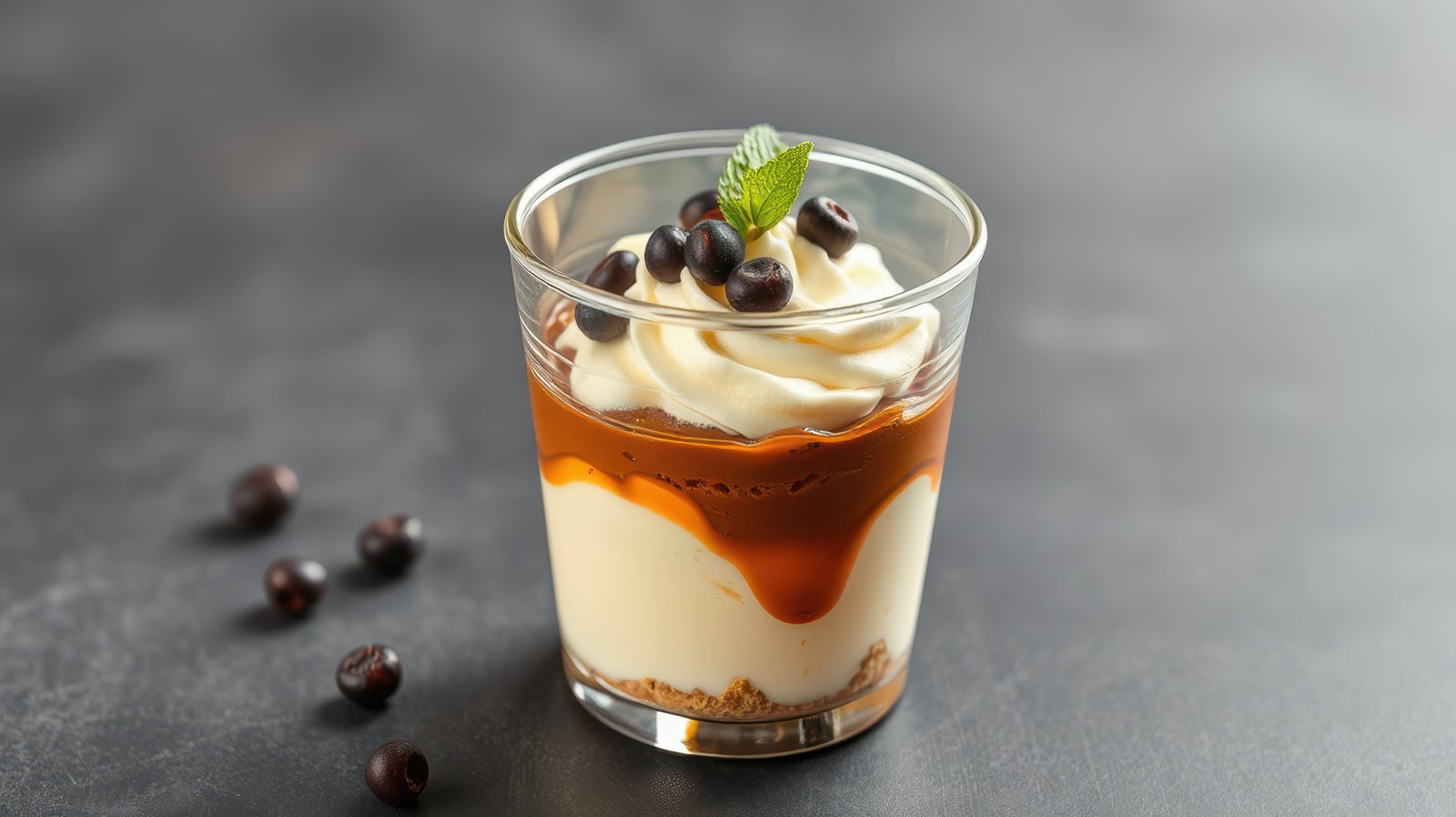 Delicious dessert served in a glass with creamy layers and topped with chocolate beans and mint garnish